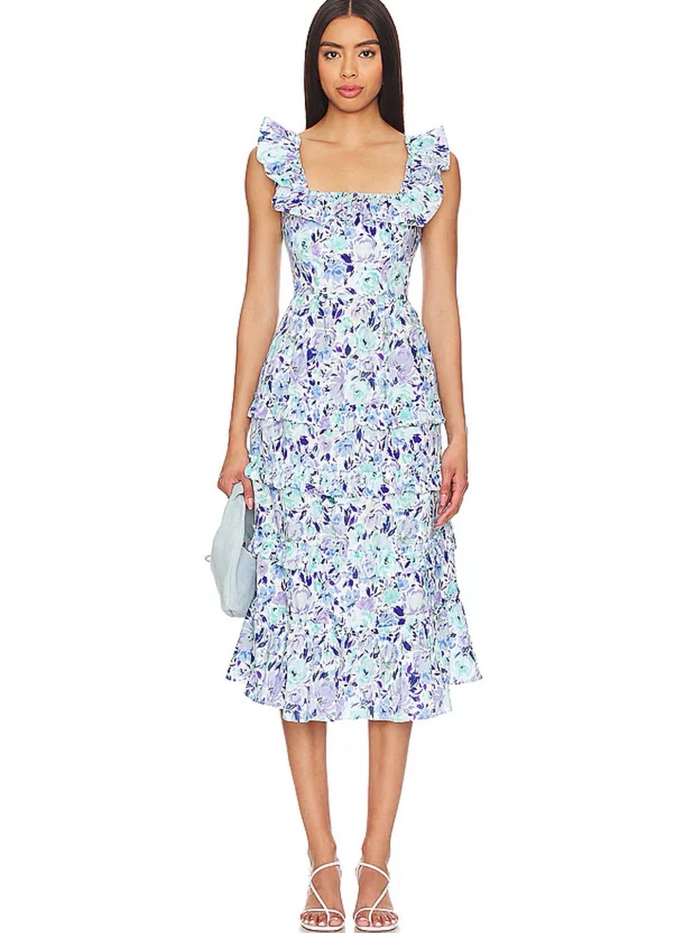 Revolve Yumi Kim Jasmine Cotton Floral Ruffle Pleated Blue Green Midi Dress S